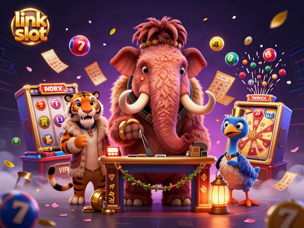 Experience the thrill of the link slot with colorful characters and vibrant casino elements.