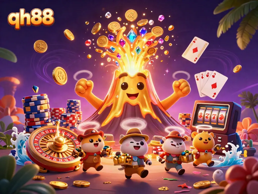 Experience the excitement of qh88 with a vivid scene of a golden volcano erupting coins and treasure in a dynamic casino setting.