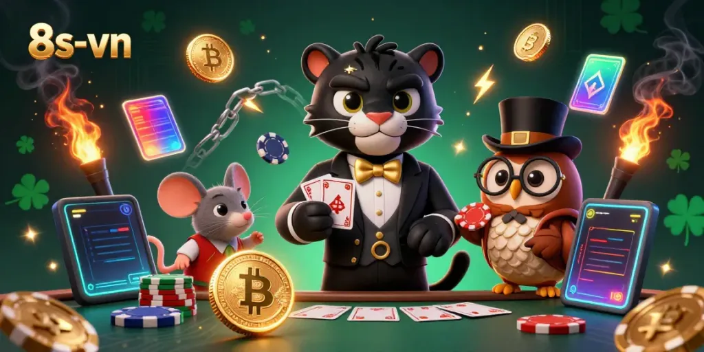 Engaging illustration of 8s-vn showcasing a panther dealer with poker chips in a vibrant casino scene.