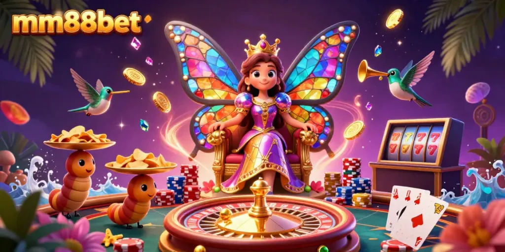 Experience thrilling gaming with mm88bet's vibrant casino illustration showcasing a butterfly queen, roulette, and poker elements.