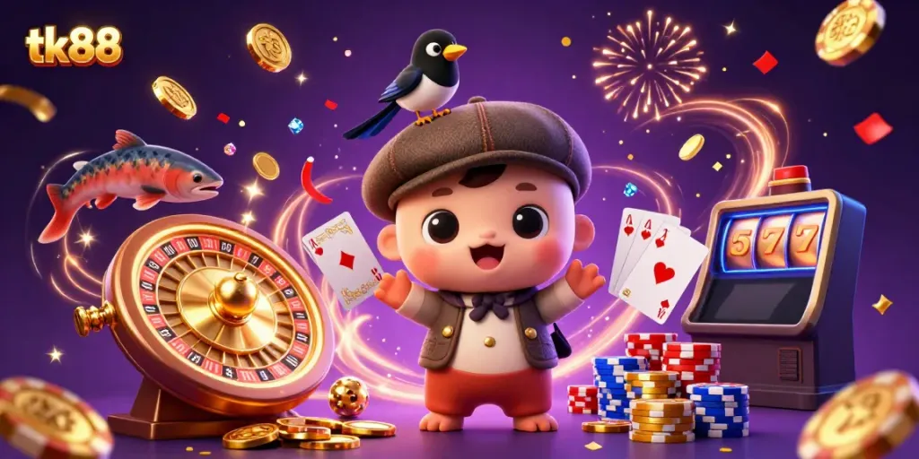 Spin to win with tk88, featuring a vibrant scene of playful characters and dynamic casino elements.