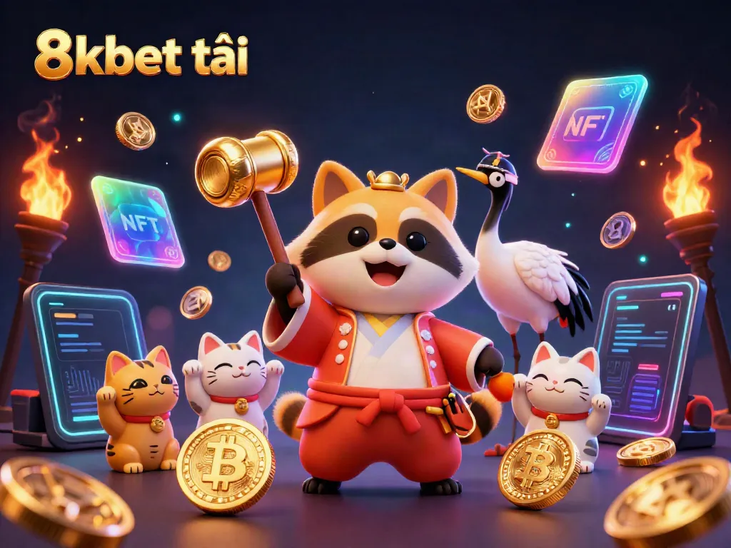Experience thrilling 8xbet tải action with a cheerful tanuki and fortune cats amid vibrant casino elements.
