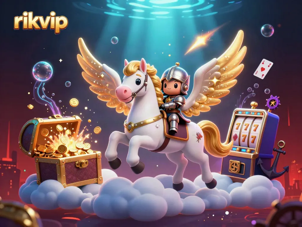 Experience thrilling adventures with rikvip as a celestial knight rides a golden horse amidst dazzling gambling elements.
