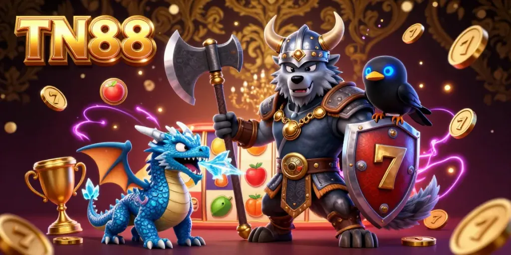 Experience TN88 with a dynamic Viking wolf warrior, dragon, and vibrant slot reels in an electrifying casino scene.