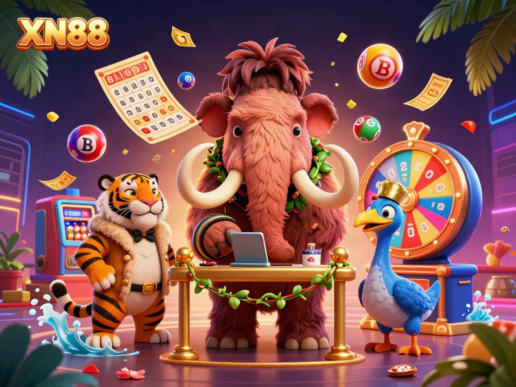 XN88 casino illustration with a woolly mammoth bouncer and saber-tooth VIP guest in a vibrant casino setting