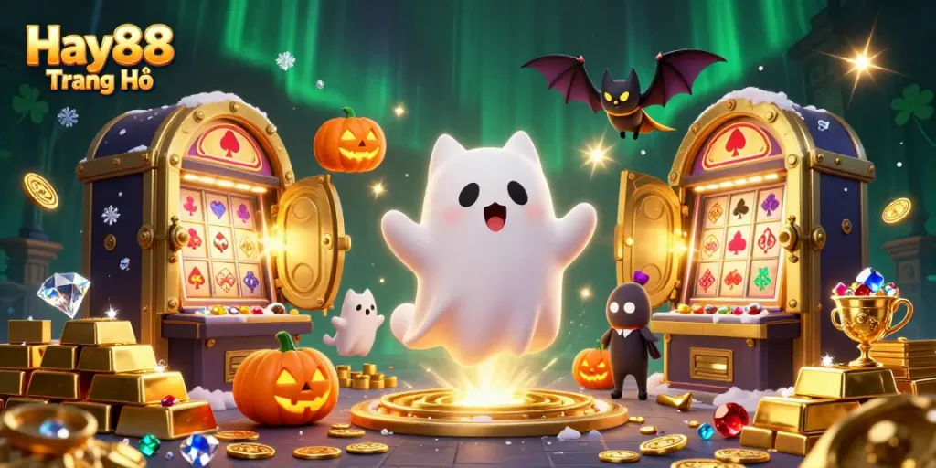 Engage in thrilling gameplay at Hay88 Trang Chủ with an enchanting casino scene featuring ghostly characters.