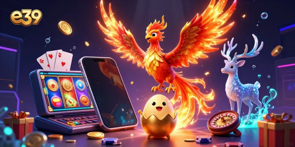Soar with e39 in this vivid casino scene featuring dynamic characters and thrilling gaming elements.