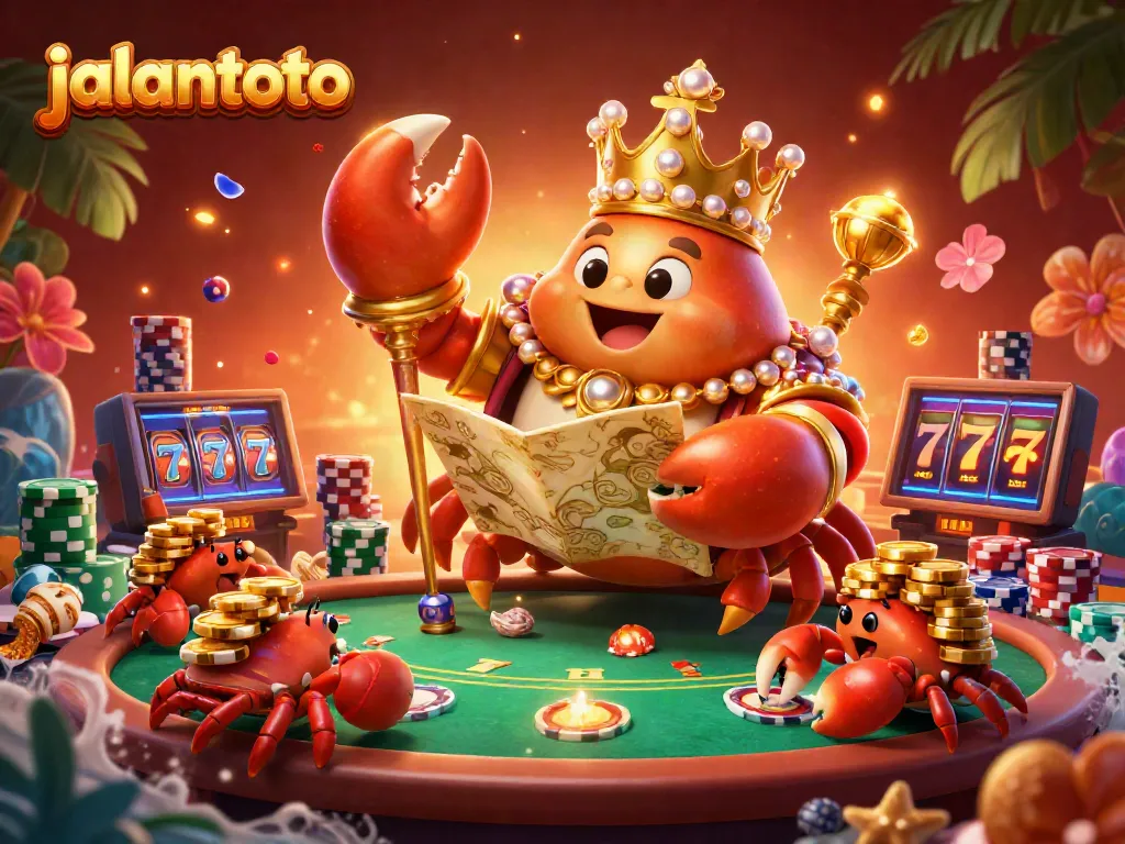 Engage with Jolantoto's vibrant online casino experience featuring a golden crab emperor amidst colorful slot reels and poker tables.