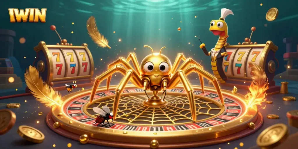 IWIN features an energetic gambling scene with colorful casino elements and a golden spider web backdrop.