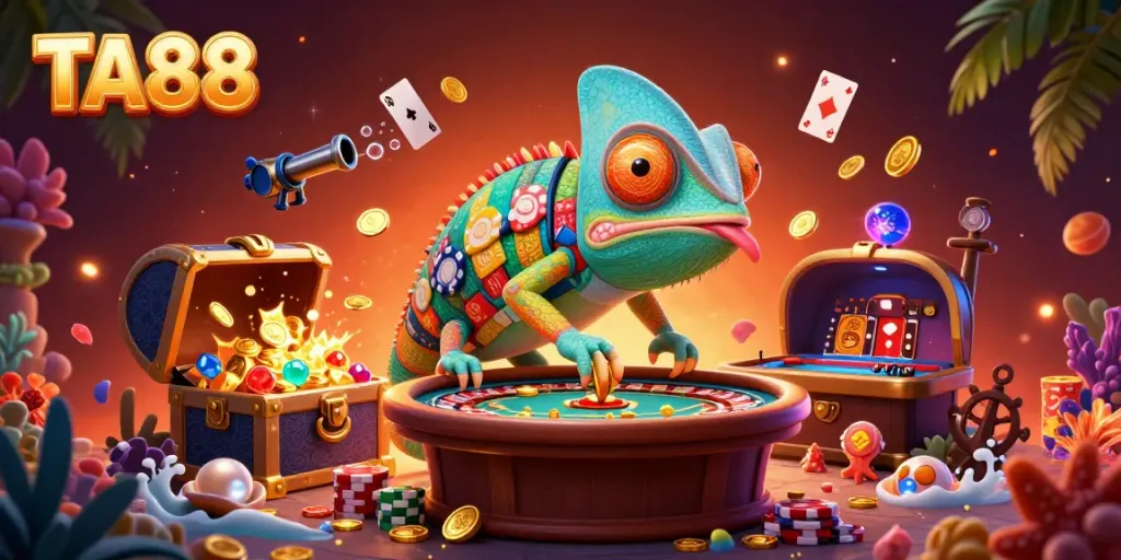 TA88 chameleon casino owner snatching golden coins, set in a vibrant gaming environment.