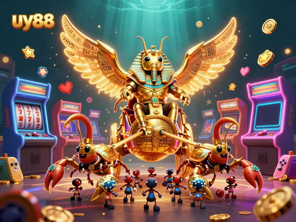 Experience thrilling gameplay with uy88, featuring a 3D golden scarab beetle and vibrant casino elements.