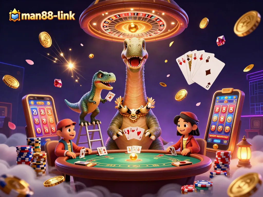 Engage with man88-link as a clever raptor deals cards to a giant brontosaurus in a vibrant casino scene.