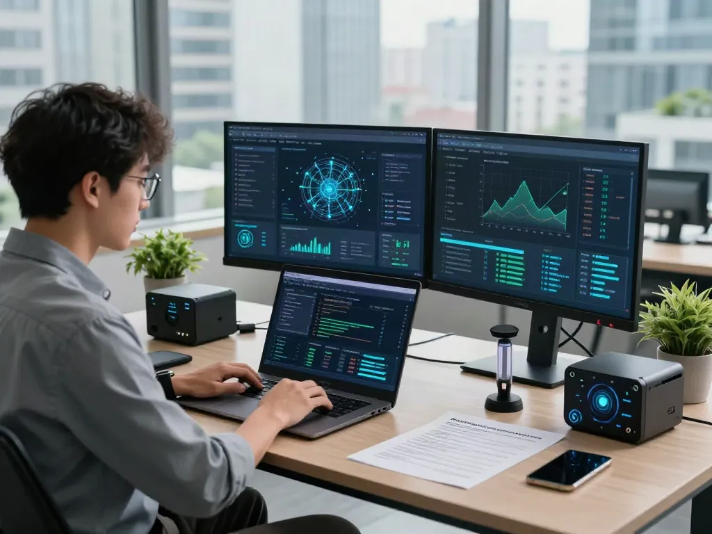 Cybersecurity expert monitoring pecah404 encryption software in modern workstation.