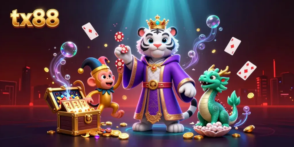 Experience thrilling tx88 casino moments with a playful tiger and monkey surrounded by treasure.