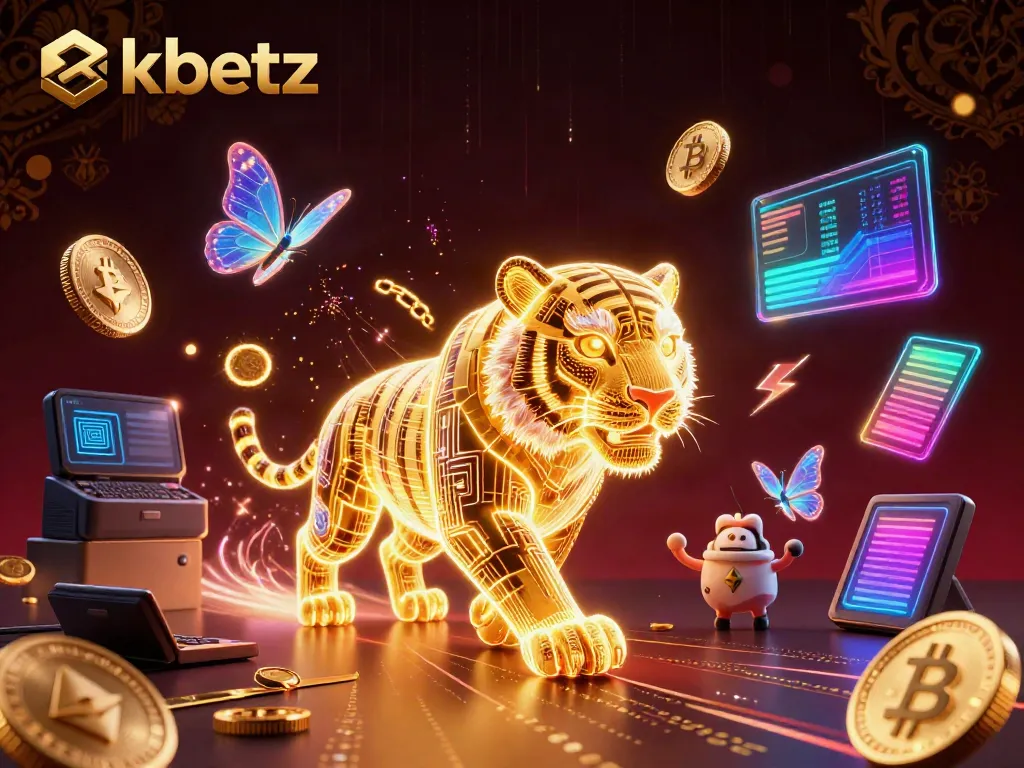 Experience the vibrant world of 8xbetz with a dynamic digital casino landscape featuring a neon tiger and crypto coins.
