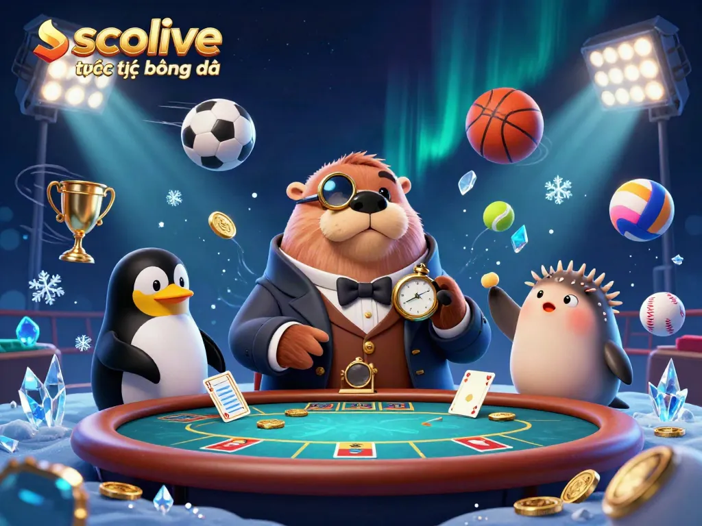 Experience socolive trực tiếp bóng đá with a vibrant underwater poker scene, showcasing thrilling game dynamics and joyful characters.