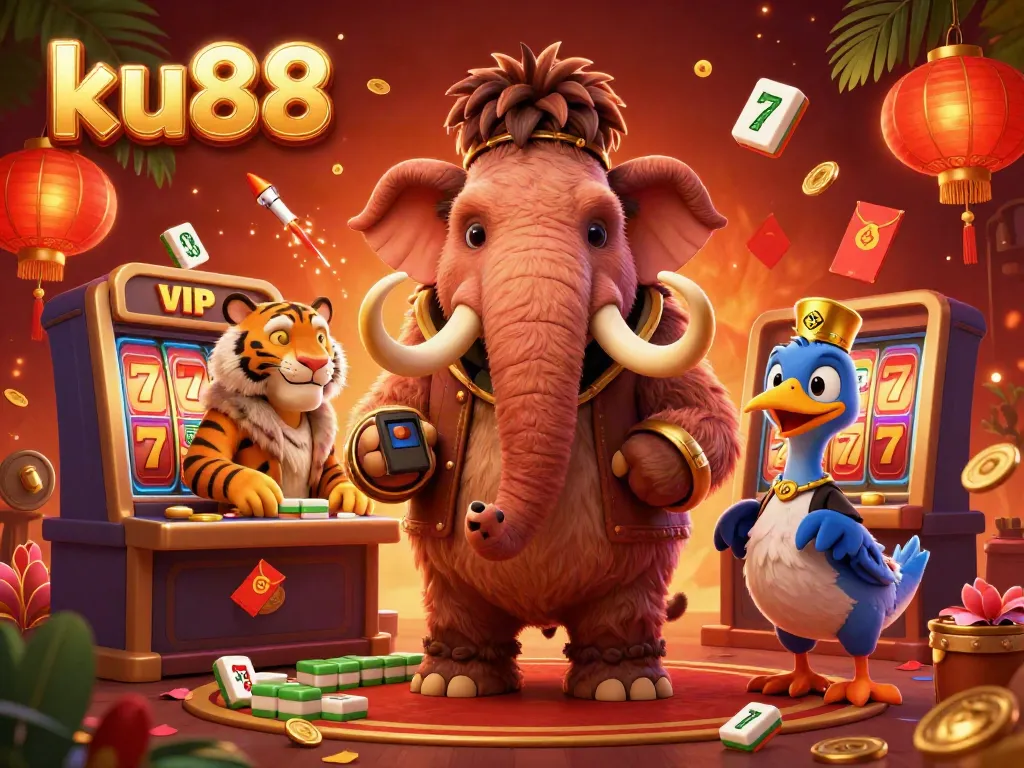 ku88 brings luck and excitement to the casino scene with a vibrant illustration featuring a unique bouncer, VIP guest, and doorman.
