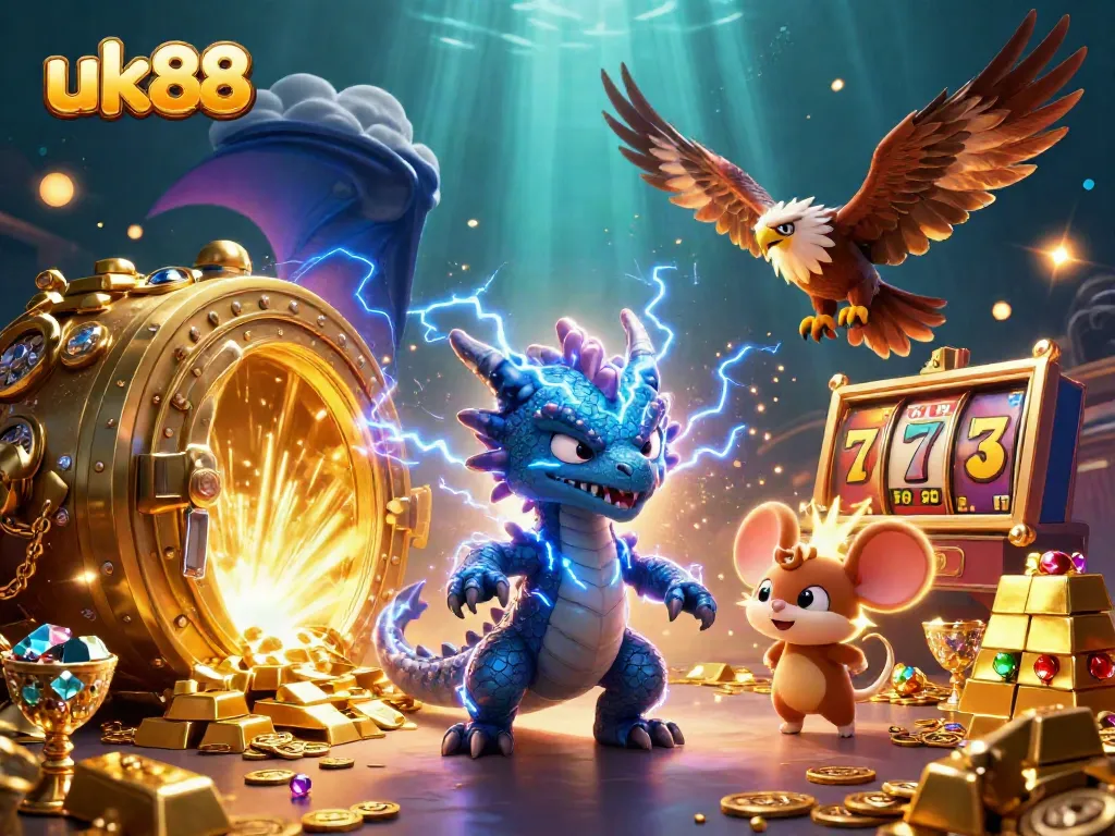 Engage in thrilling wins at uk88 with a dynamic 3D casino illustration showcasing vibrant game elements.