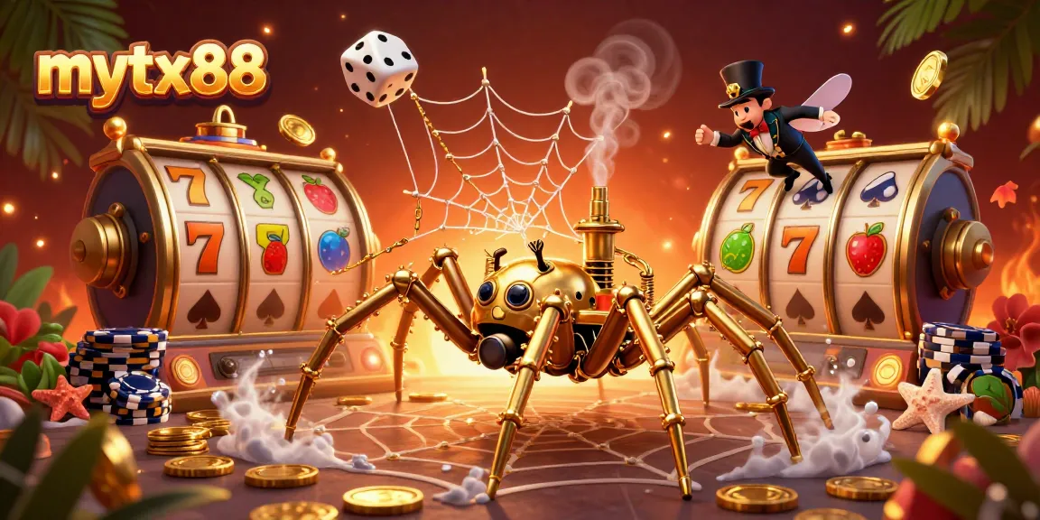 Experience mytx88's vibrant casino atmosphere with a steampunk spider and lively slot symbols.