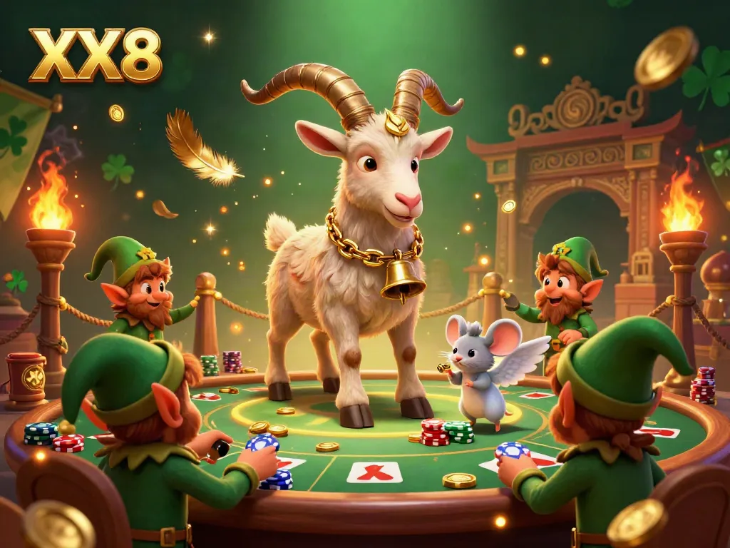 Experience the thrill at the XX8 casino with playful characters stealing chips in a festive scene.