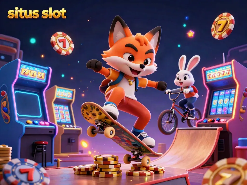 Tampilkan suasana permainan yang seru di situs slot dengan karakter kartun kucing dan kelinci di latar belakang mesin slot.