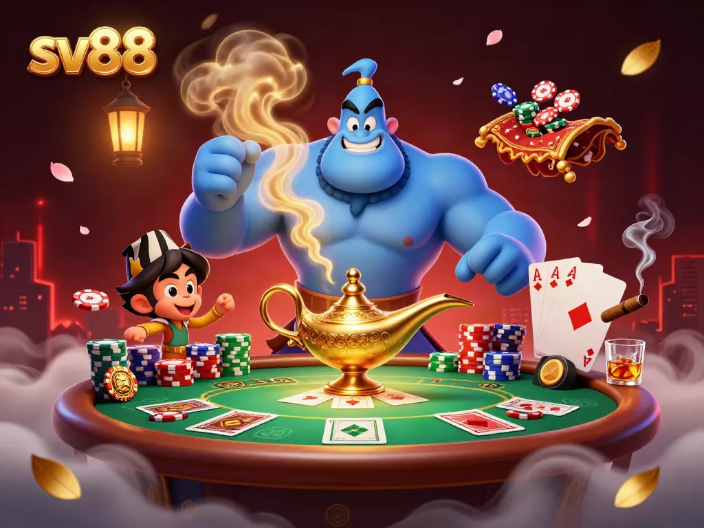 Engage with sv88's vibrant casino experience featuring poker elements and a magical setting.