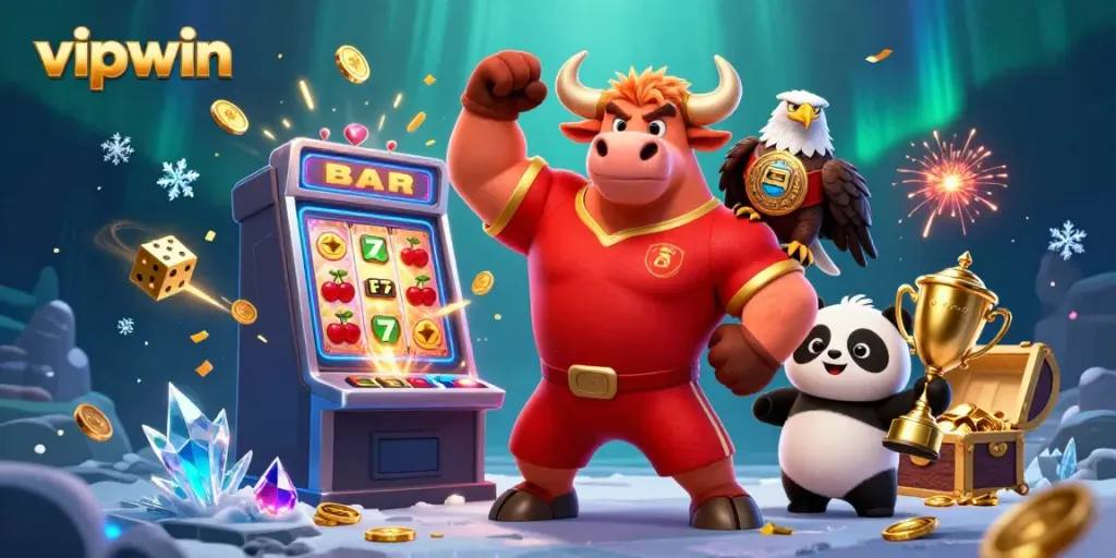 Experience the excitement of vipwin as you celebrate a jackpot with a victorious bull and friends!