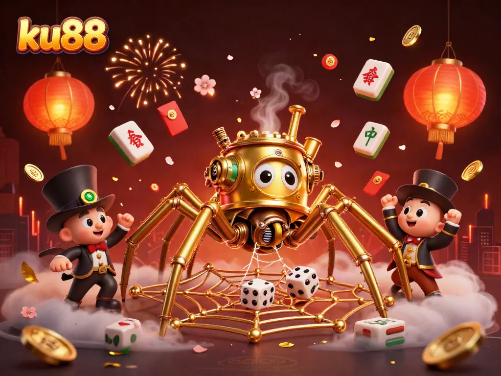 Experience the thrill of ku88 as a steampunk spider catches dice in an intricate web.