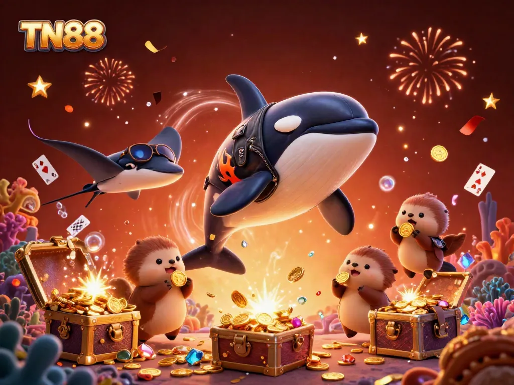 Experience excitement at TN88 with a whale, stingray, and otters enjoying underwater treasures and games.
