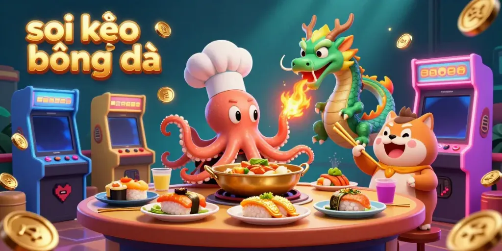 Engage with soi kèo bóng đá featuring a dramatic 3D scene of sports betting with vibrant characters and casino game elements.