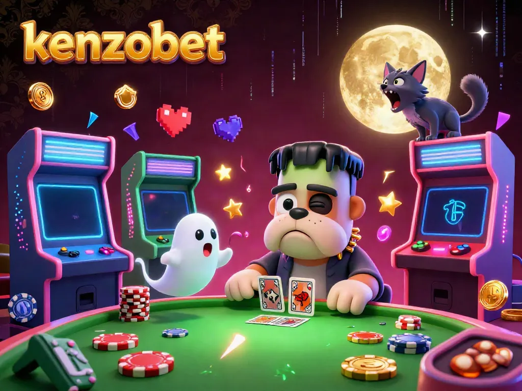 Kenzobet showcases a vibrant 3D scene with a bulldog monster and playful gaming elements centered around casino action.