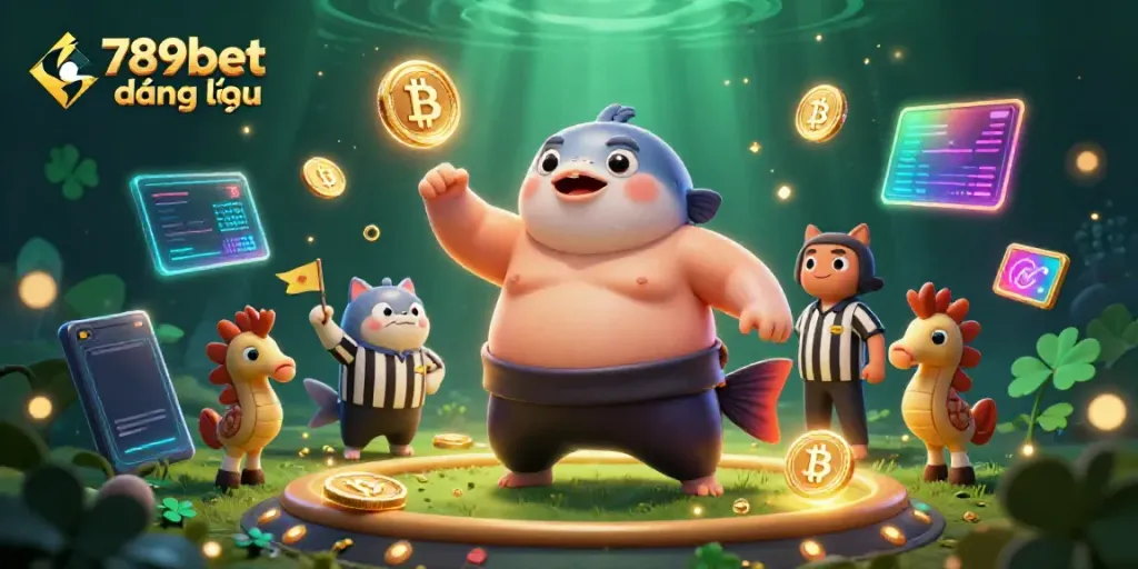 Engage with 789bet đăng nhập in this dynamic underwater casino scene featuring a puffed fugu as a sumo wrestler.