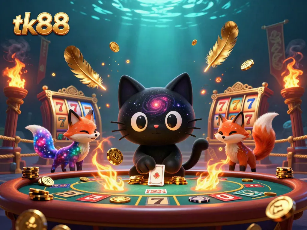 tk88 casino scene with a black hole cat and nebula fox, engaging in vibrant gameplay.