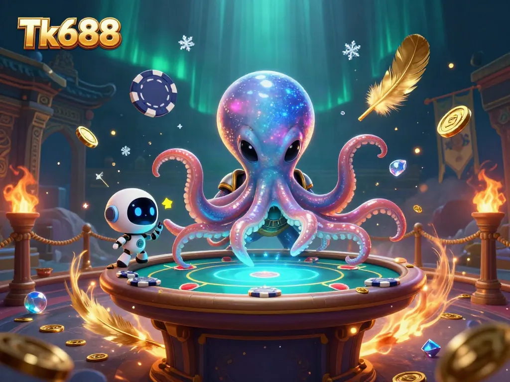 Experience thrilling poker action with Tk688 as an alien octopus engages at a holographic table.