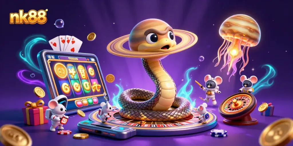 Engage with nk88's thrilling casino universe as a Saturn ring snake spins a roulette wheel amidst cosmic gaming.