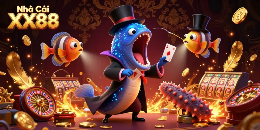 Engaging illustration of Nhà Cái XX88 featuring lively characters and exciting casino elements.