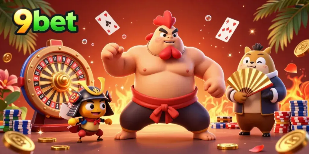Engage in thrilling gameplay with 9bet's vibrant live casino scene featuring action-packed characters and casino elements.