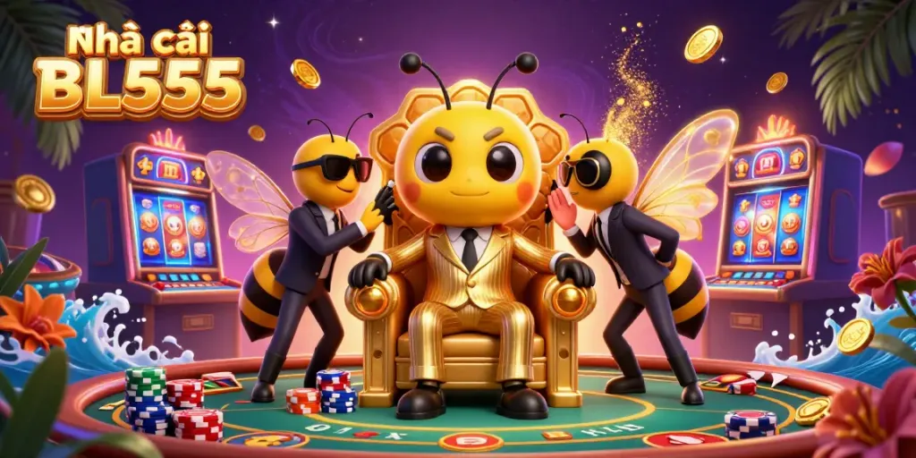 Engage with thrilling games at Nhà cái BL555 featuring vibrant 3D characters and casino elements in a lively illustration.