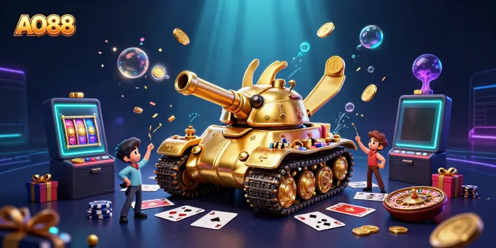 Engage with AO88's vibrant casino scene featuring a golden beetle tank and dazzling slot action.