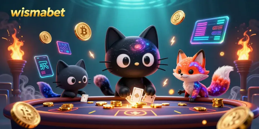 Permainan wismabet dengan kucing hitam berputar menarik chip emas dan kartu di meja kasino galaksi.