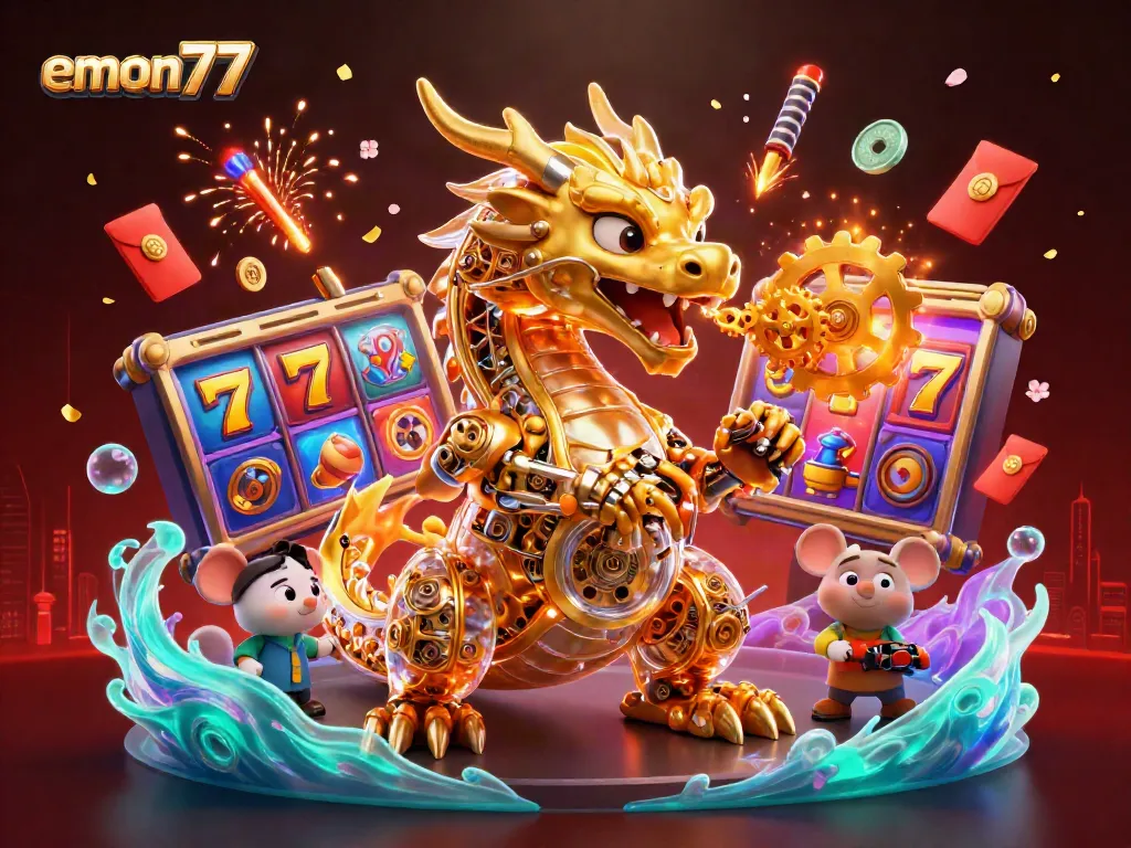 Experience the thrill of emon77 slots with a golden dragon and dynamic game elements.