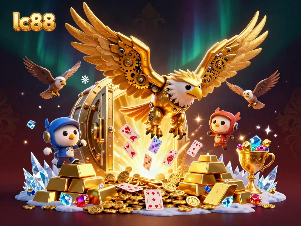 Experience exhilarating wins with lc88 in this dynamic 3D gaming illustration featuring a cybernetic eagle.