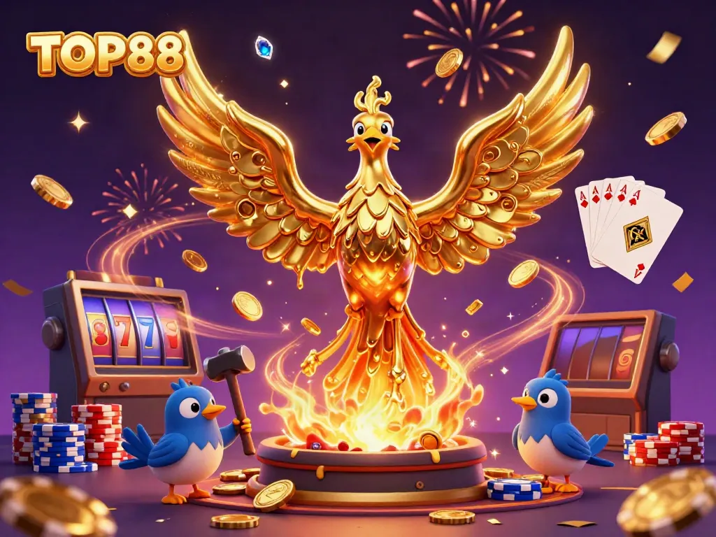 Experience the thrill of TOP88 with a golden phoenix and rich casino elements in a vibrant 3D illustration.