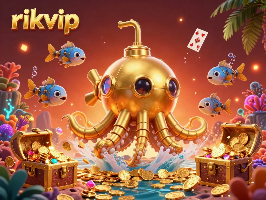 Immerse in the rich gameplay experience with rikvip's golden kraken exploring treasure-filled depths.