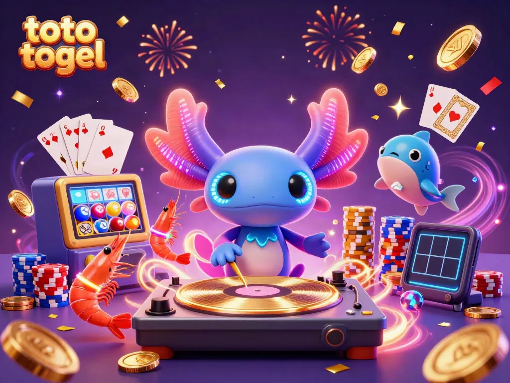 Pesta permainan toto togel dengan DJ axolotl neon dan kerumunan udang menari, dikelilingi oleh kemewahan.