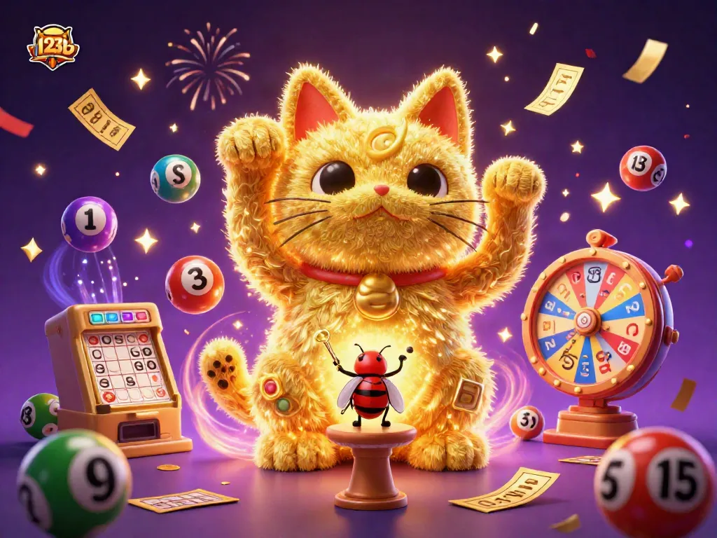 Experience the excitement of 123b with vibrant symbols and characters celebrating casino fun!