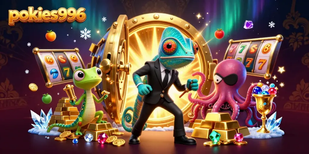 Engage with pokies996, featuring a dynamic scene with a chameleon, gecko, and octopus amidst riches and slot elements.