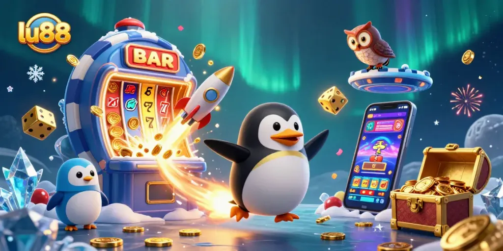 Experience the excitement of lu88 with a vibrant casino-themed illustration featuring a golden penguin and jackpot symbols.