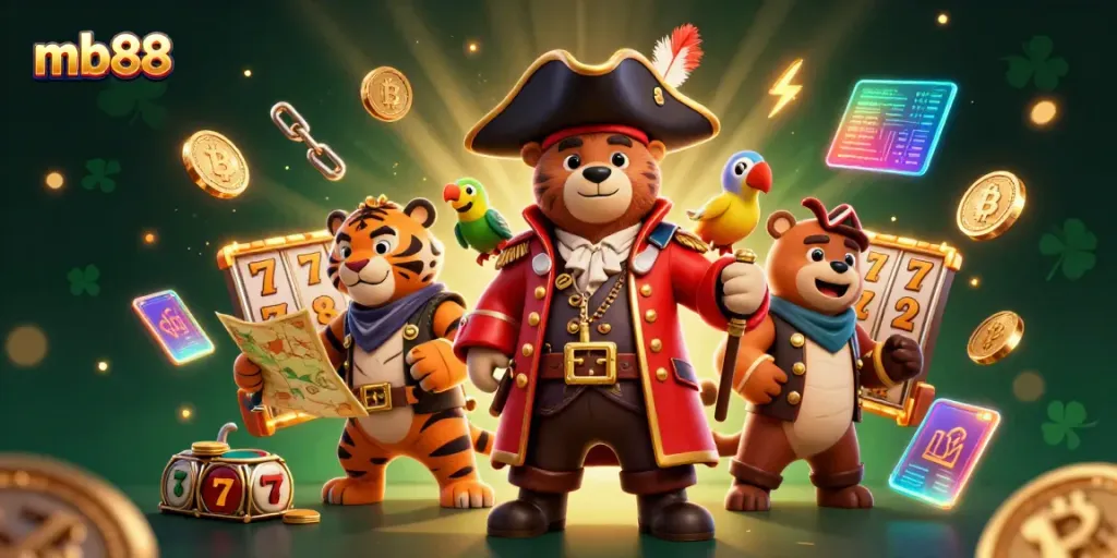 Engage in thrilling slots at mb88, featuring a pirate bear captain and his tiger first mate amid vivid casino elements.