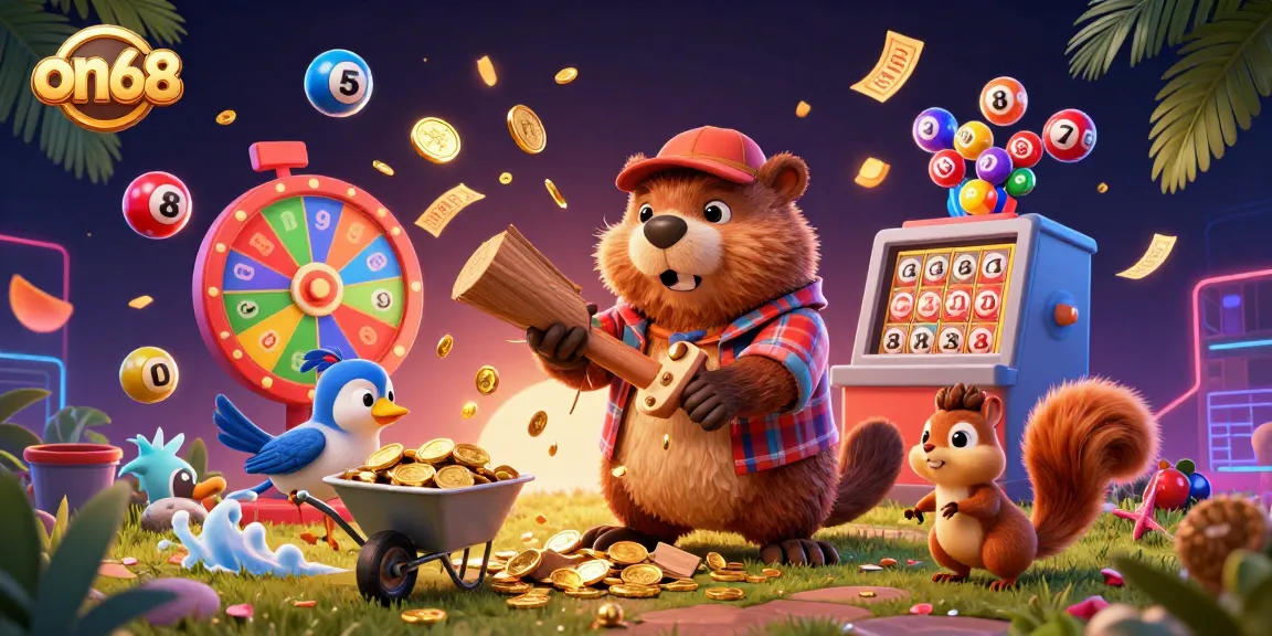 Experience on68 with a vibrant 3D scene featuring a lumberjack beaver amidst golden coins and lottery elements.